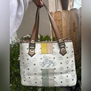 MCM White and Brown Tote with Multicolor Accents